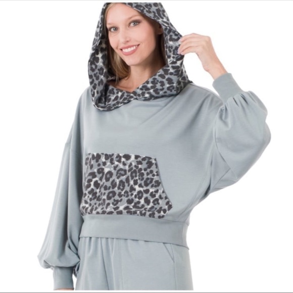 New French Terry Drop Shoulder Reverse Leopard Gray Hoodie - Picture 4 of 6